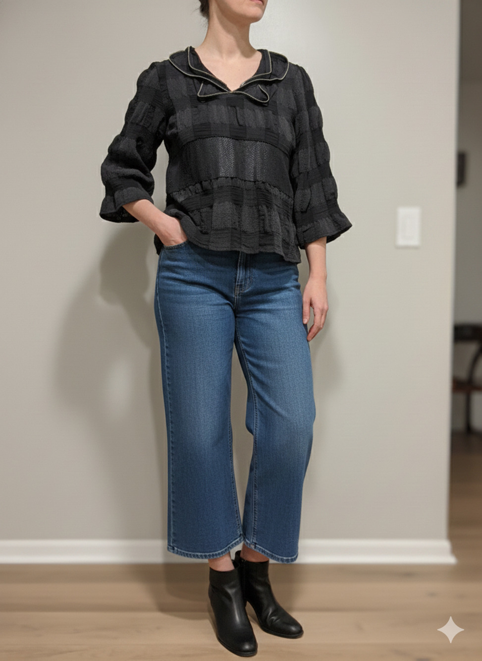 ANAC Black Tunic top Artsy Statement zipper 3D Collar neck balloon sleeve Sz-XL